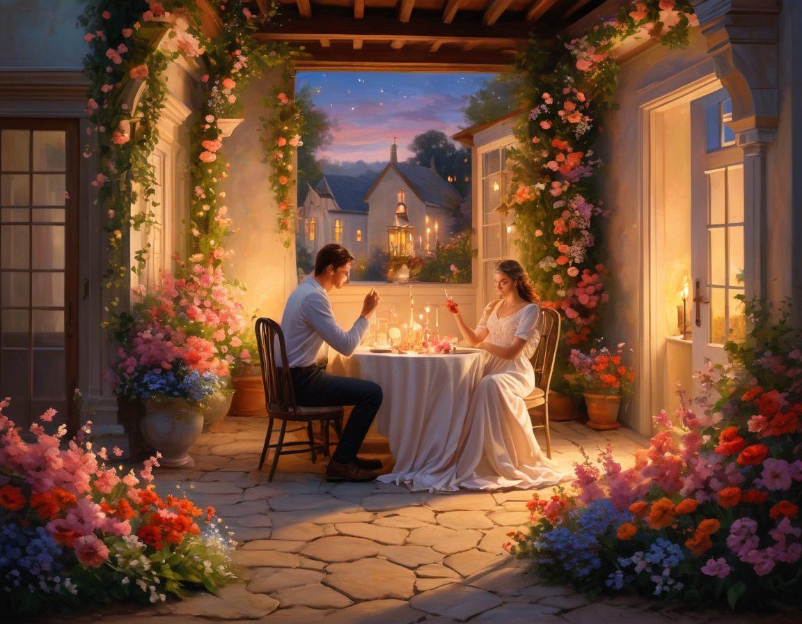 A romantic setting showcasing a couple engaged in a playful courtship, surrounded by blooming flowers and soft candlelight. The scene conveys warmth, intimacy, and connection, with soft colors and gentle expressions. Include intricate details like fluttering butterflies and a starlit sky above them. The overall mood should evoke feelings of love and adoration. vibrant colors. painting.
