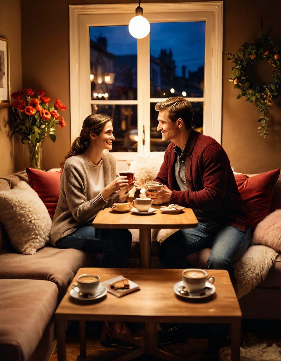 A cozy setting featuring a couple sharing a heartfelt conversation over a steaming cup of coffee, surrounded by warm, ambient lighting and soft cushions. Delicate heart-shaped decorations hang in the background, and a small table holds a bouquet of fresh flowers, symbolizing love and connection. The scene evokes warmth, intimacy, and romance. super-realistic. warm colors. soft focus.