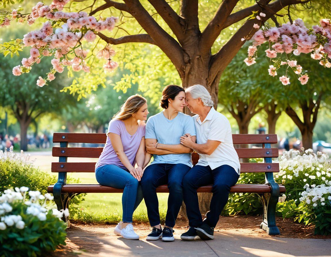 A cozy scene featuring a couple sitting on a park bench, sharing a heartfelt moment with intertwined hands, surrounded by blooming flowers and soft sunlight filtering through leaves. The background should have elements representing trust and connection, like a heart-shaped tree or doves. Warm, inviting colors to enhance the feeling of love and tenderness. super-realistic. vibrant colors. soft focus.